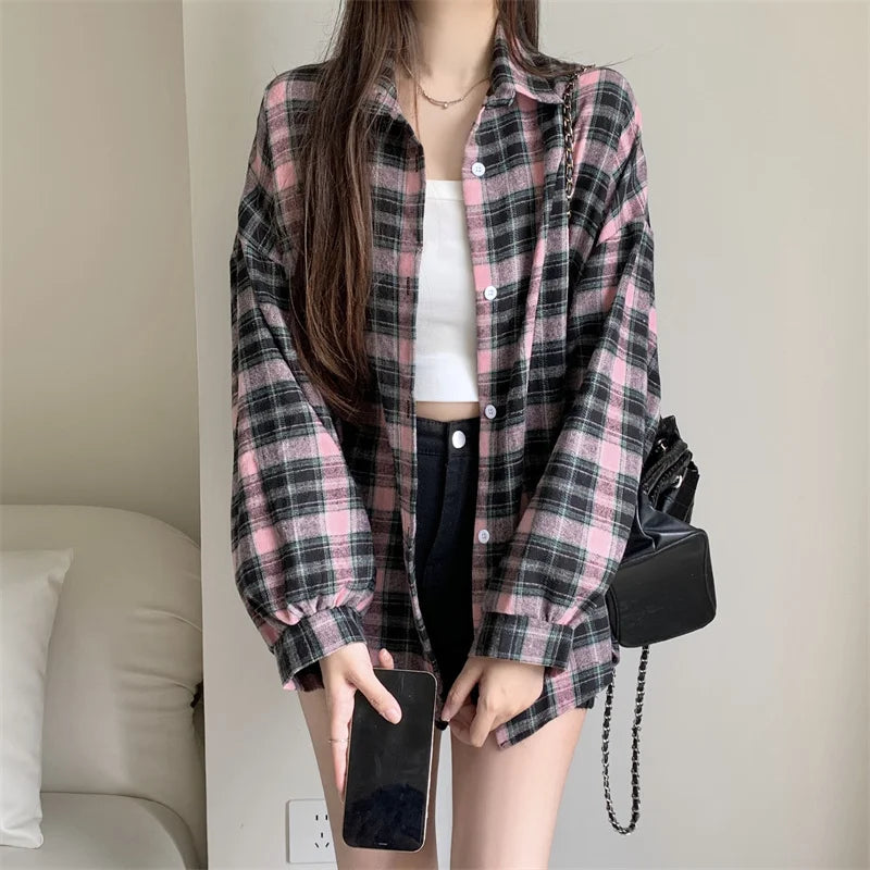 IMIEMIE Women Tartan Shirt Long Sleeve Collared Button Up Oversized Plaid Shirt Flannel Jacket Grunge Teenage Girl Spring Summer Outfit