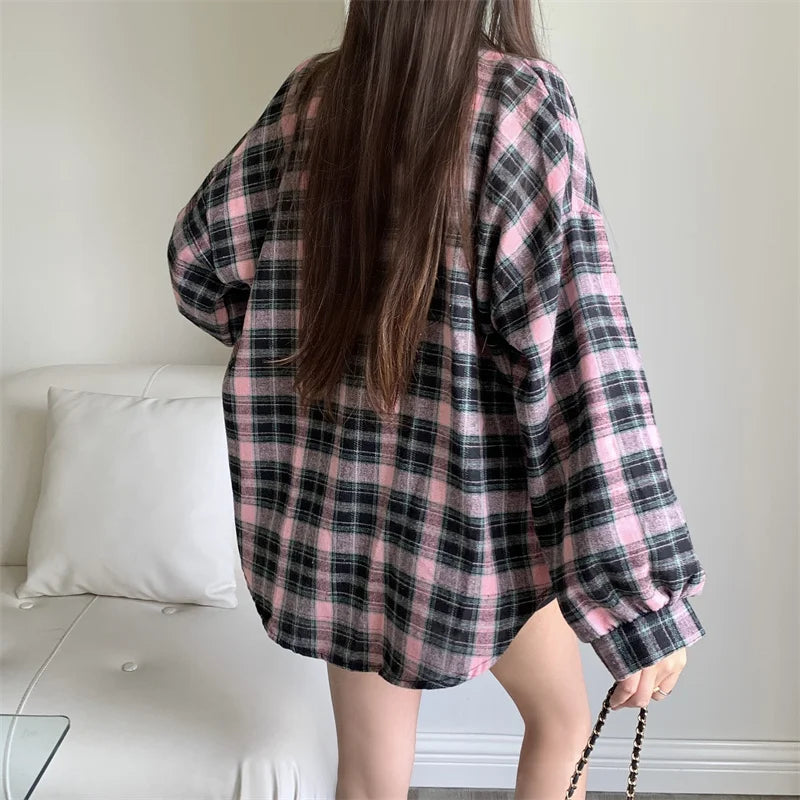 IMIEMIE Women Tartan Shirt Long Sleeve Collared Button Up Oversized Plaid Shirt Flannel Jacket Grunge Teenage Girl Spring Summer Outfit