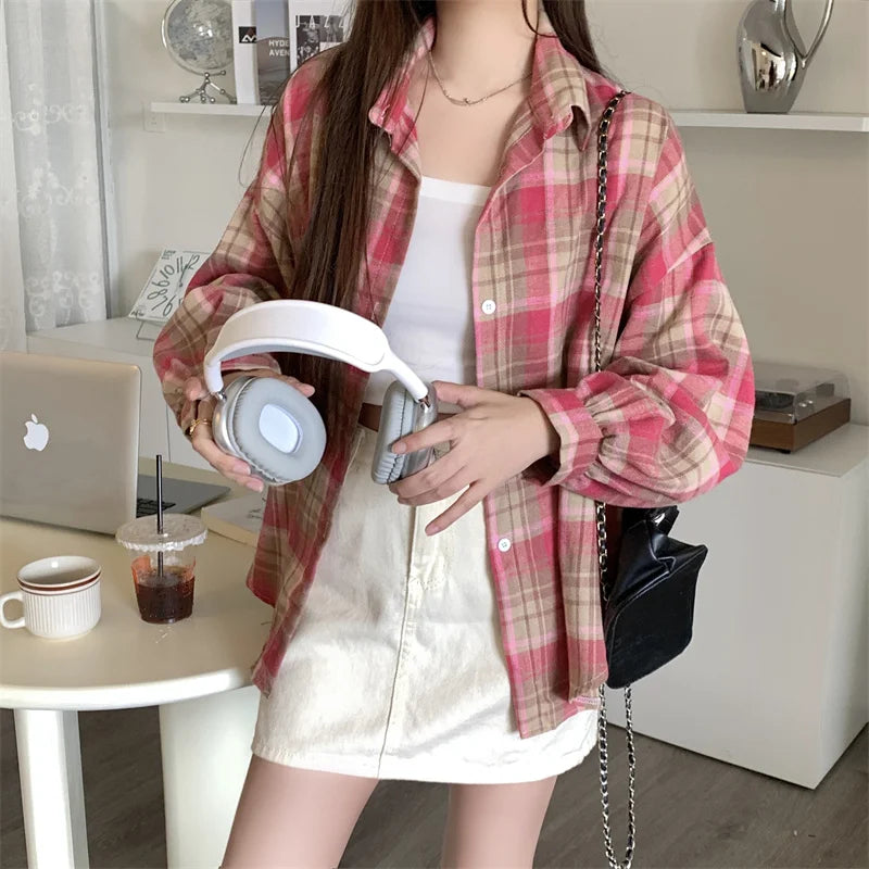 IMIEMIE Women Tartan Shirt Long Sleeve Collared Button Up Oversized Plaid Shirt Flannel Jacket Grunge Teenage Girl Spring Summer Outfit