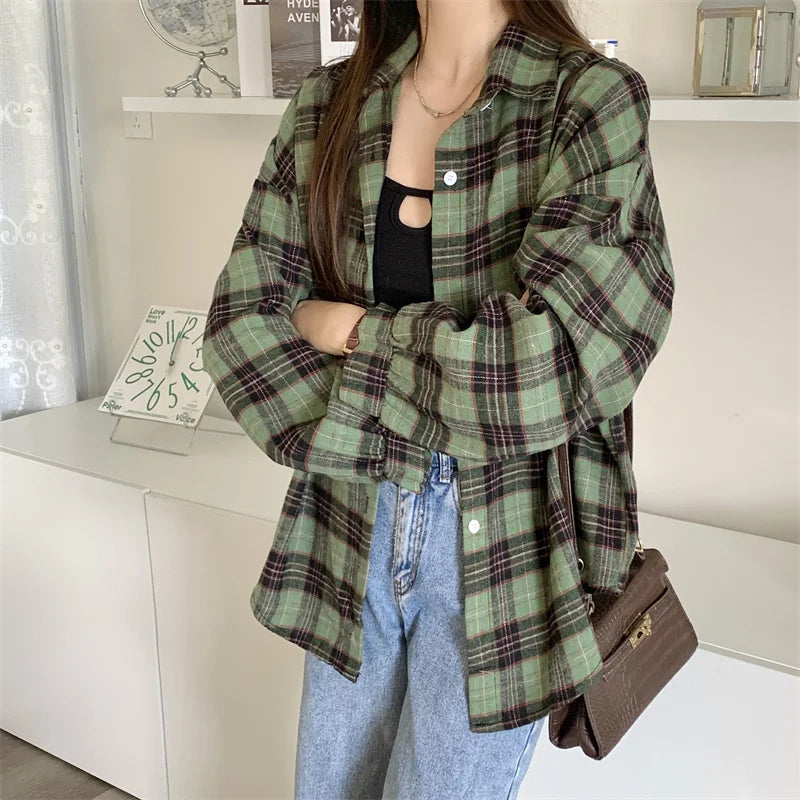 IMIEMIE Women Tartan Shirt Long Sleeve Collared Button Up Oversized Plaid Shirt Flannel Jacket Grunge Teenage Girl Spring Summer Outfit