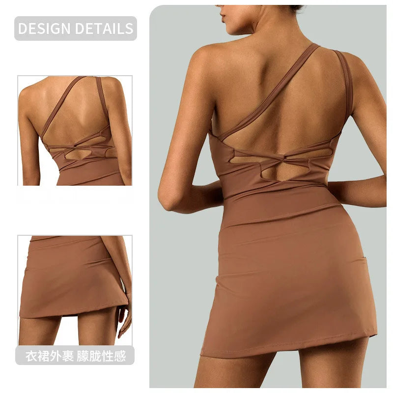 IMIEMIE Women Tennis Dress With Shorts&Chest Pads Sexy One Shoulder Straps Super Stretchy Golf Badminton Skorts  All-in-one Yoga Suits