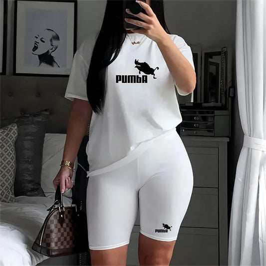 IMIEMIE Women Two Piece Set Summer Short Sleeve O-Neck Tee Tops+Pencil Shorts Suits Tracksuits Outfit Graphic T Shirts Jogging Suits