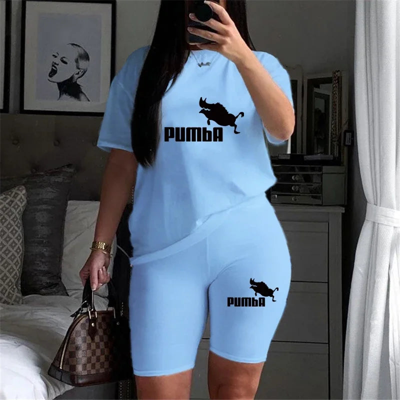 IMIEMIE Women Two Piece Set Summer Short Sleeve O-Neck Tee Tops+Pencil Shorts Suits Tracksuits Outfit Graphic T Shirts Jogging Suits