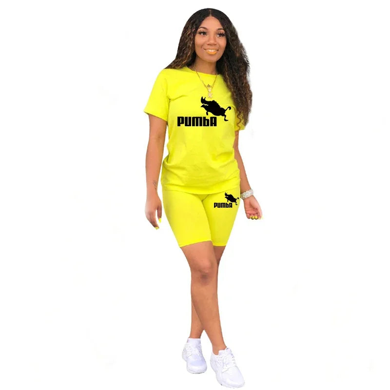 IMIEMIE Women Two Piece Set Summer Short Sleeve O-Neck Tee Tops+Pencil Shorts Suits Tracksuits Outfit Graphic T Shirts Jogging Suits