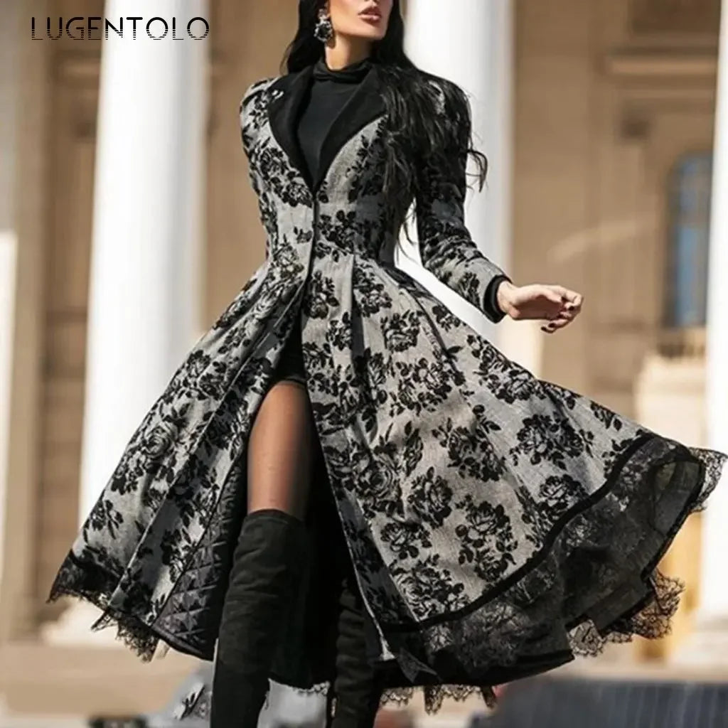 IMIEMIE Women Vintage Party Trench Long Sleeve Autumn Splicing Lace Button Coat Female Casual Big Swing Fashion Jackets