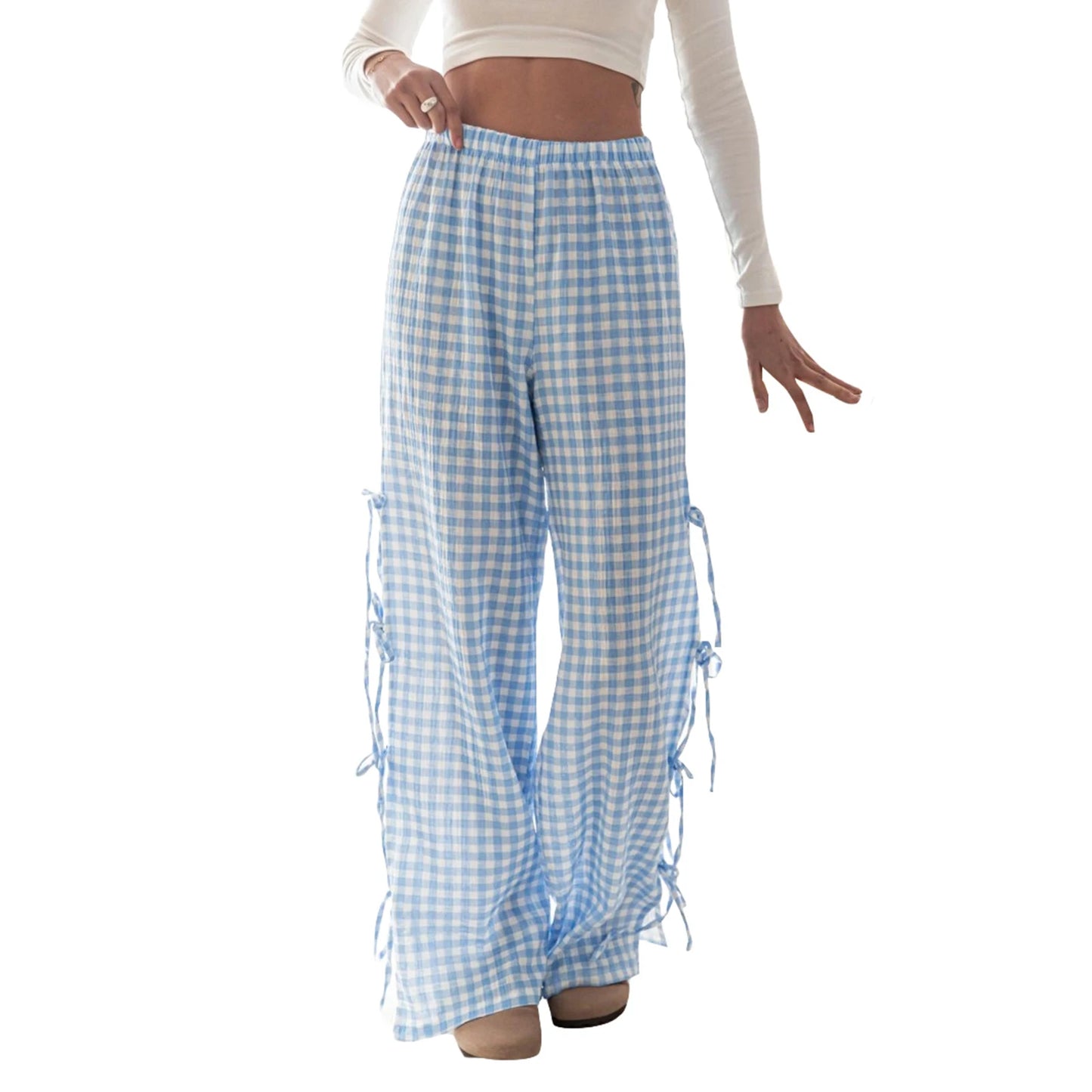 IMIEMIE Women Wide-Leg Pants Plaid/Stripe Print Side Tie-Up Loose Trousers Spring Summer Casual Sweatpants Bottoms