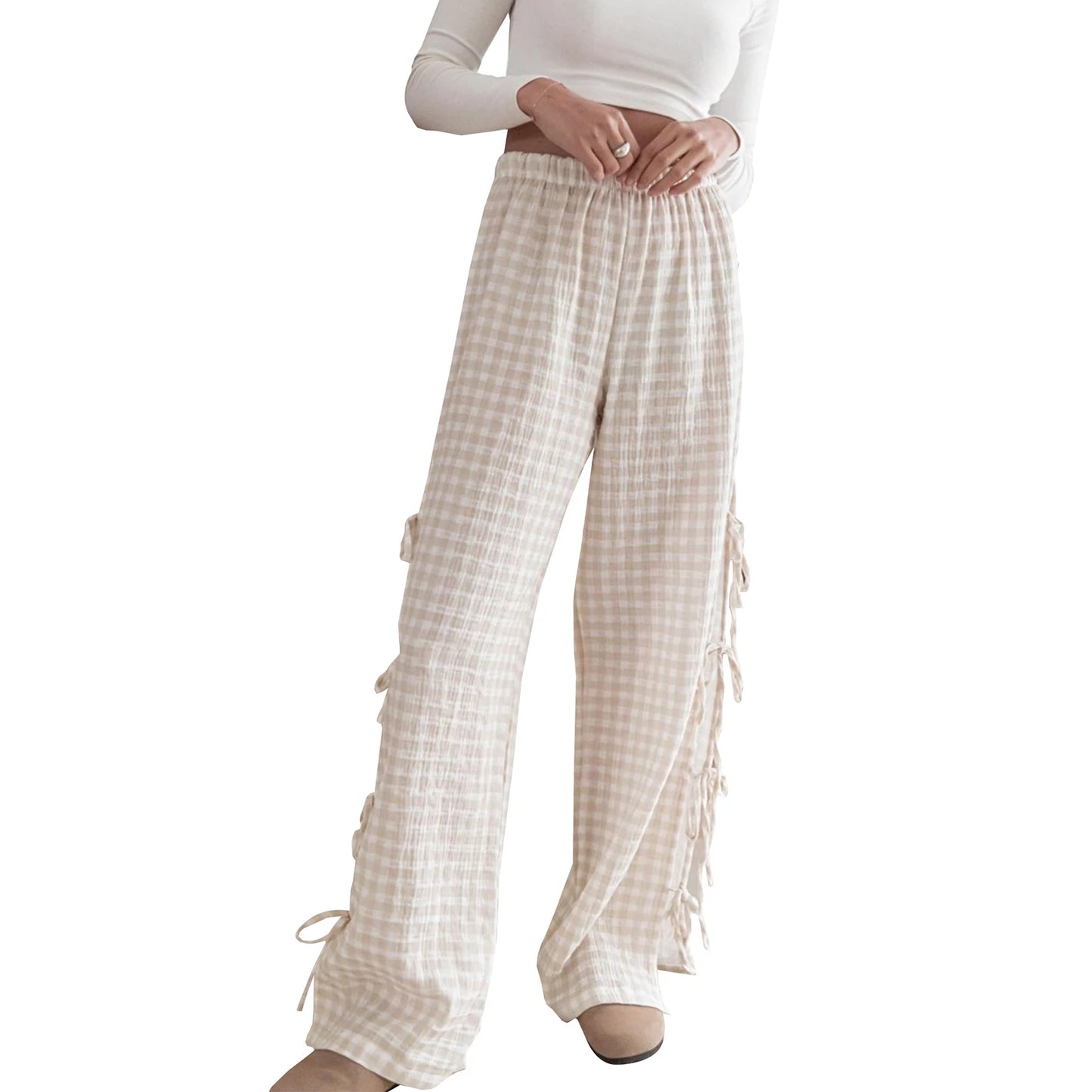 IMIEMIE Women Wide-Leg Pants Plaid/Stripe Print Side Tie-Up Loose Trousers Spring Summer Casual Sweatpants Bottoms