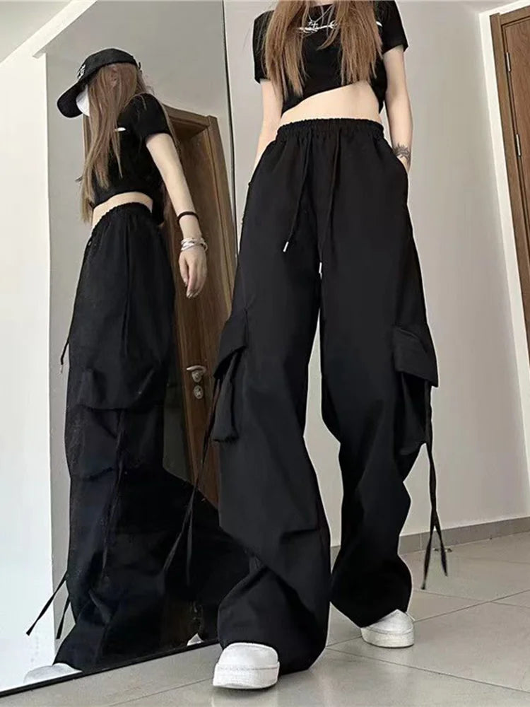 IMIEMIE Women Y2K Korean Cargo Pants Hip Hop Loose Causal Wide Leg Pants Fashion High Waist Baggy Streetwear Multi Pockets Sweatpants