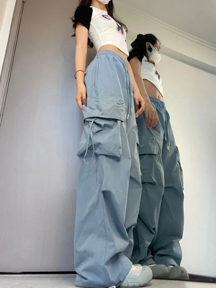 IMIEMIE Women Y2K Korean Cargo Pants Hip Hop Loose Causal Wide Leg Pants Fashion High Waist Baggy Streetwear Multi Pockets Sweatpants