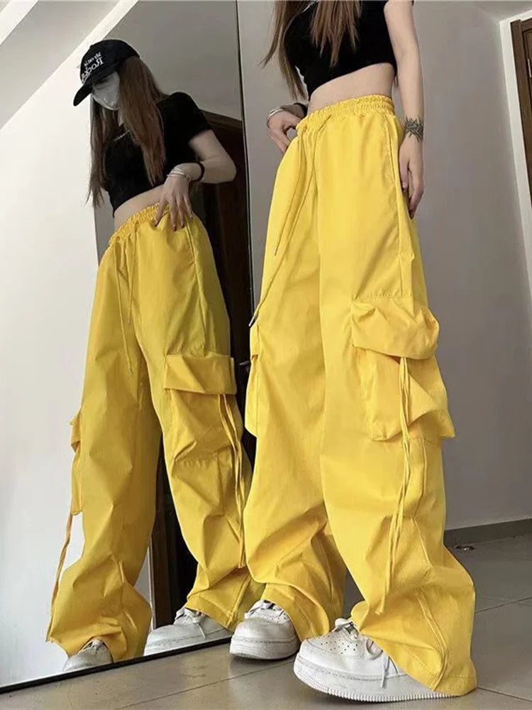 IMIEMIE Women Y2K Korean Cargo Pants Hip Hop Loose Causal Wide Leg Pants Fashion High Waist Baggy Streetwear Multi Pockets Sweatpants