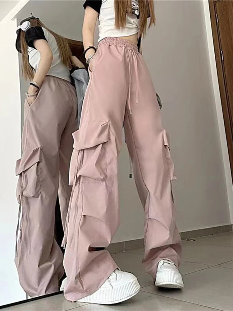 IMIEMIE Women Y2K Korean Cargo Pants Hip Hop Loose Causal Wide Leg Pants Fashion High Waist Baggy Streetwear Multi Pockets Sweatpants