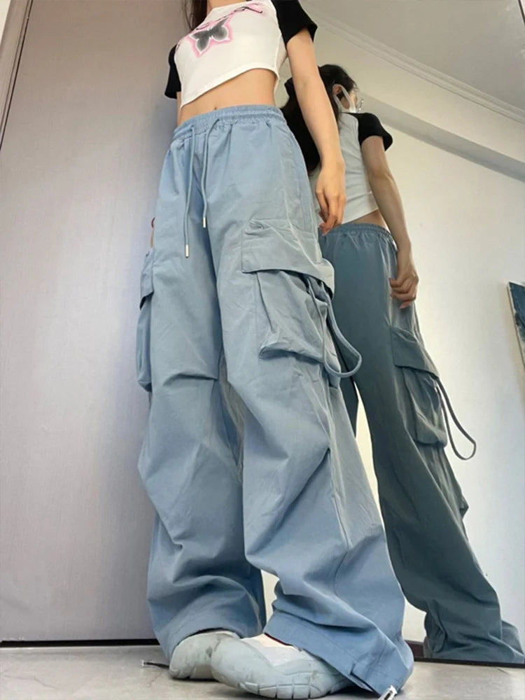 IMIEMIE Women Y2K Korean Cargo Pants Hip Hop Loose Causal Wide Leg Pants Fashion High Waist Baggy Streetwear Multi Pockets Sweatpants