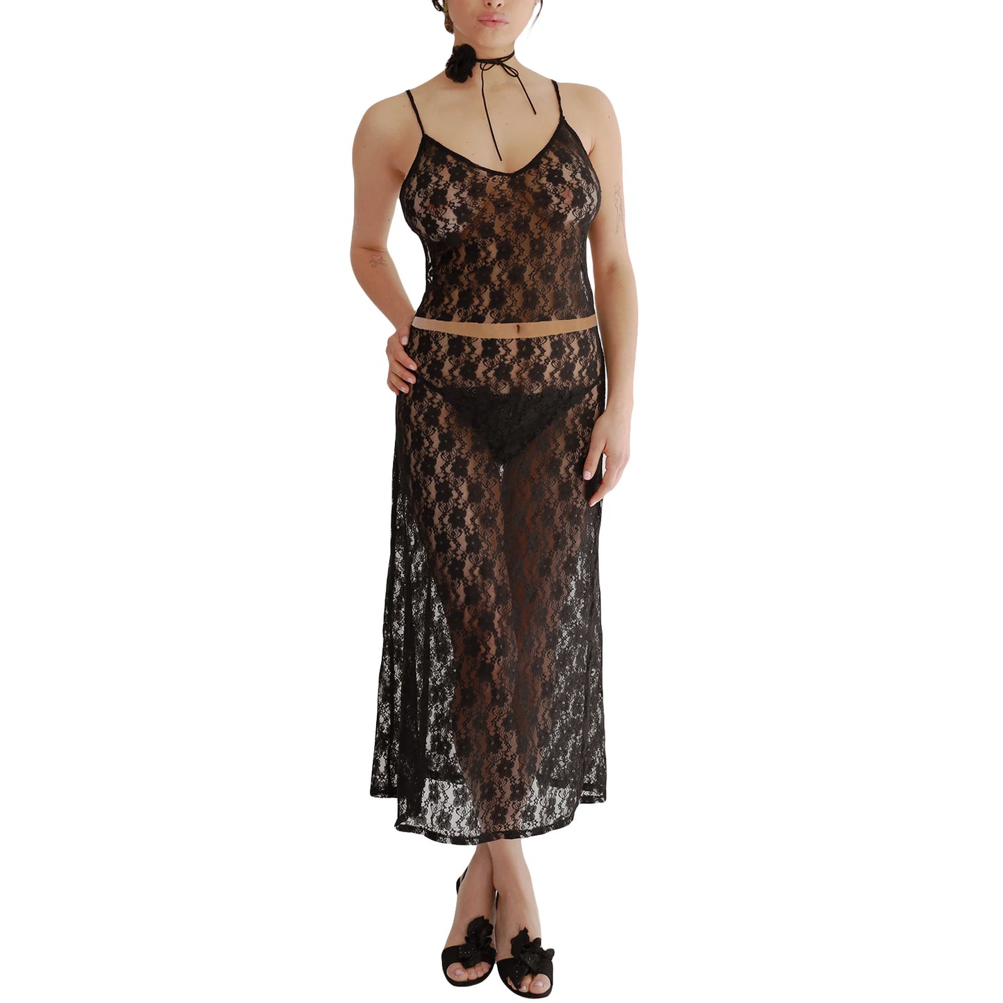 IMIEMIE Women Y2k 2 Piece Sheer Mesh Lace Skirt Set Sexy See Through Tank Top Skirt Suit Bodycon Outfits Summer Party Club