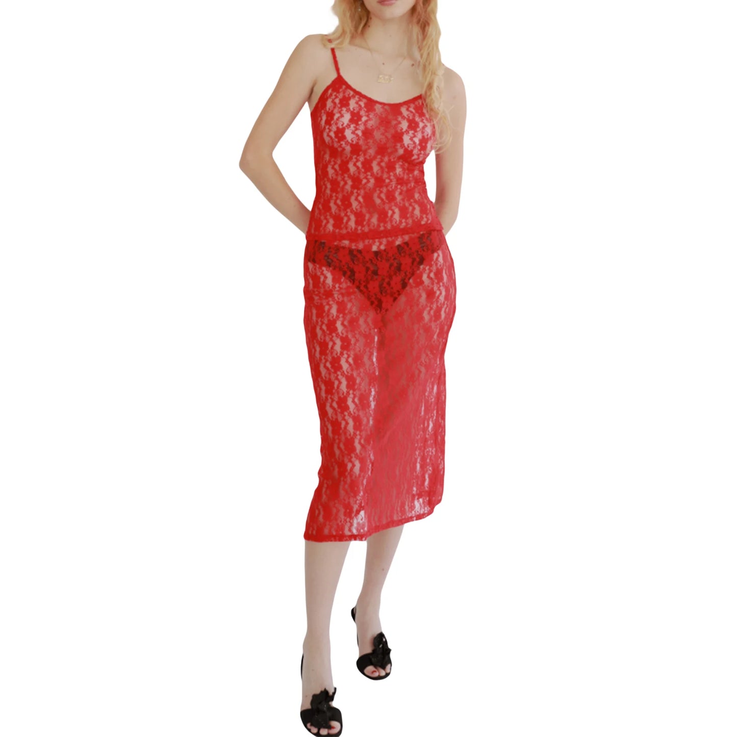 IMIEMIE Women Y2k 2 Piece Sheer Mesh Lace Skirt Set Sexy See Through Tank Top Skirt Suit Bodycon Outfits Summer Party Club