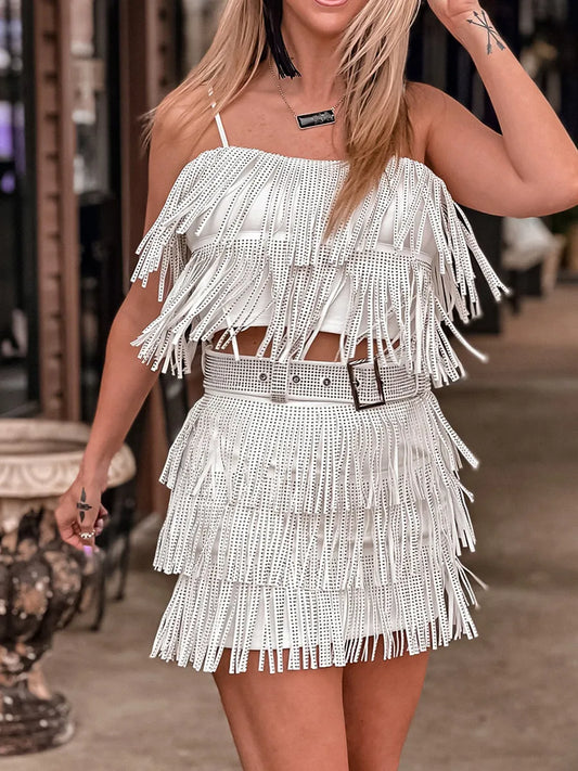 IMIEMIE Women Y2k Sparkly Sequins Tassel Skirt Set Sleeveless Crop Top Sling Vest Fringe Skirt Summer Outfits Dance Rave Party Clubwear