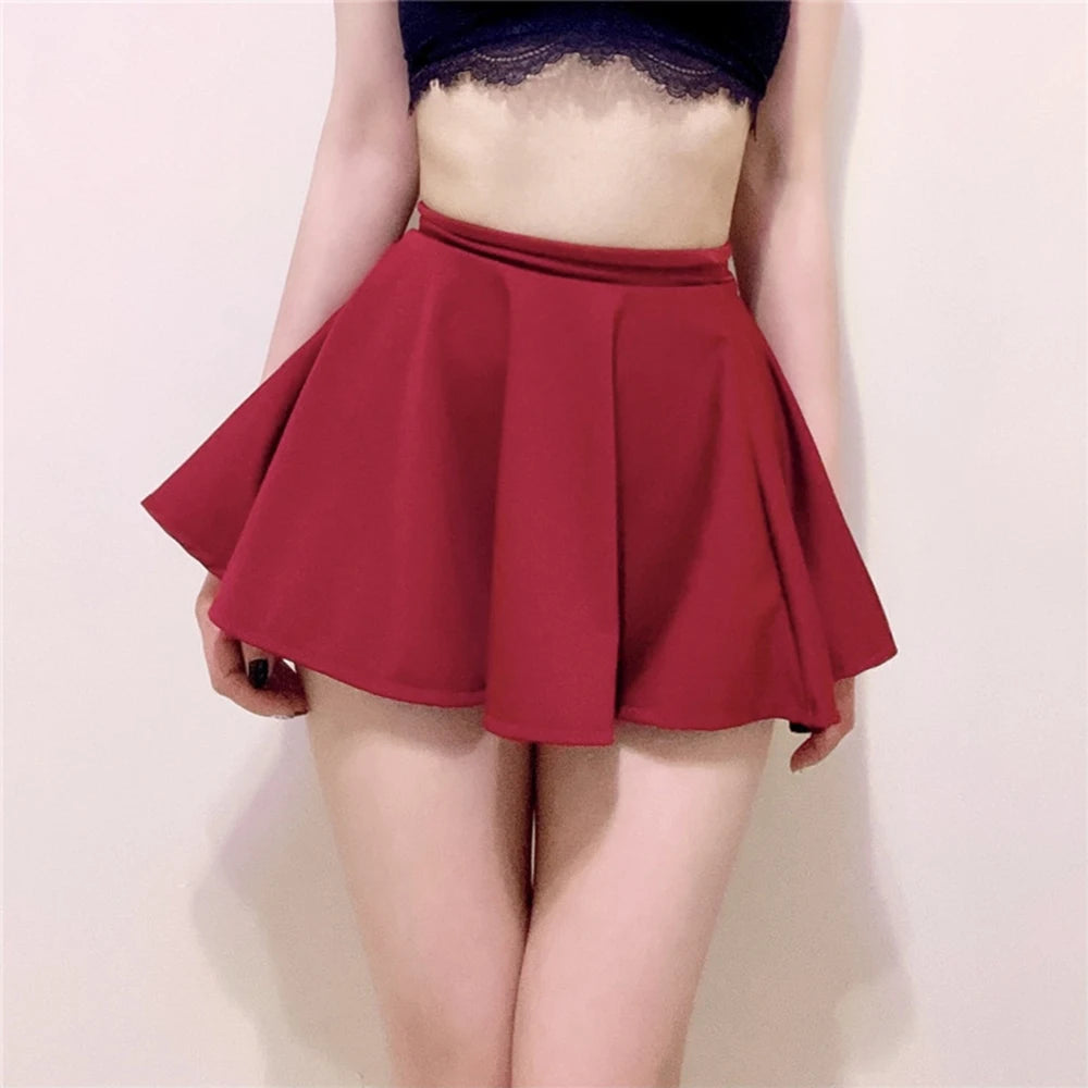 IMIEMIE Women's Basic Skirt Sexy Mini Pleated Skirt Red Black High Waist Short Skirt Without Lining