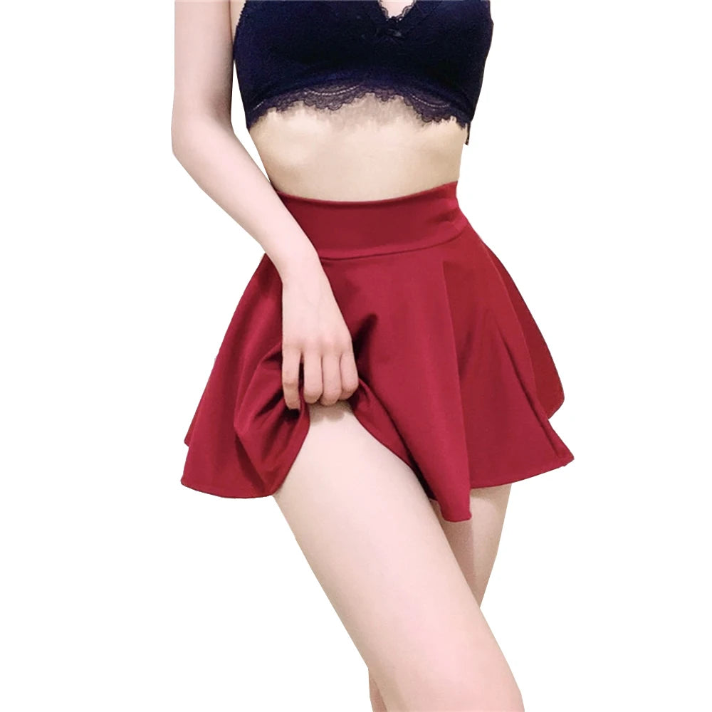 IMIEMIE Women's Basic Skirt Sexy Mini Pleated Skirt Red Black High Waist Short Skirt Without Lining