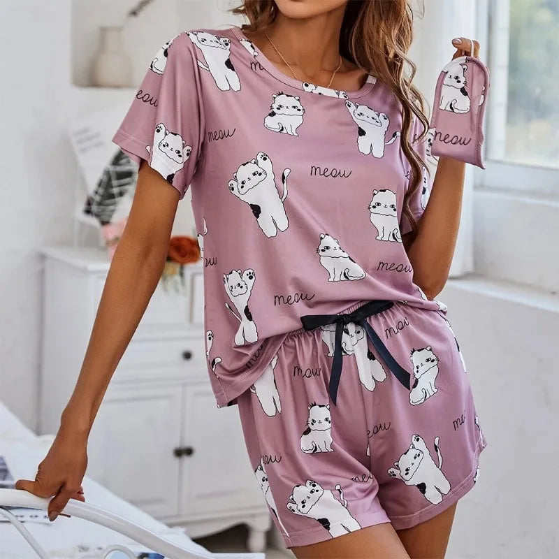 IMIEMIE Women's Cartoon Print Pajamas Set Short Sleeve T-Shirt Shorts Sleepwear 2 Piece Set For Women Casual Round Neck Ventilate Suit