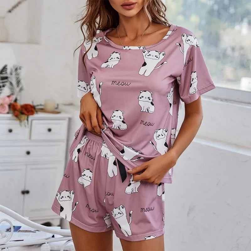 IMIEMIE Women's Cartoon Print Pajamas Set Short Sleeve T-Shirt Shorts Sleepwear 2 Piece Set For Women Casual Round Neck Ventilate Suit