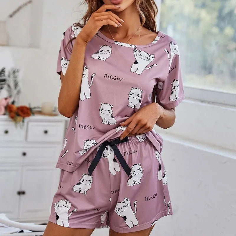 IMIEMIE Women's Cartoon Print Pajamas Set Short Sleeve T-Shirt Shorts Sleepwear 2 Piece Set For Women Casual Round Neck Ventilate Suit