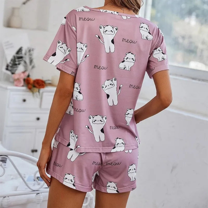 IMIEMIE Women's Cartoon Print Pajamas Set Short Sleeve T-Shirt Shorts Sleepwear 2 Piece Set For Women Casual Round Neck Ventilate Suit