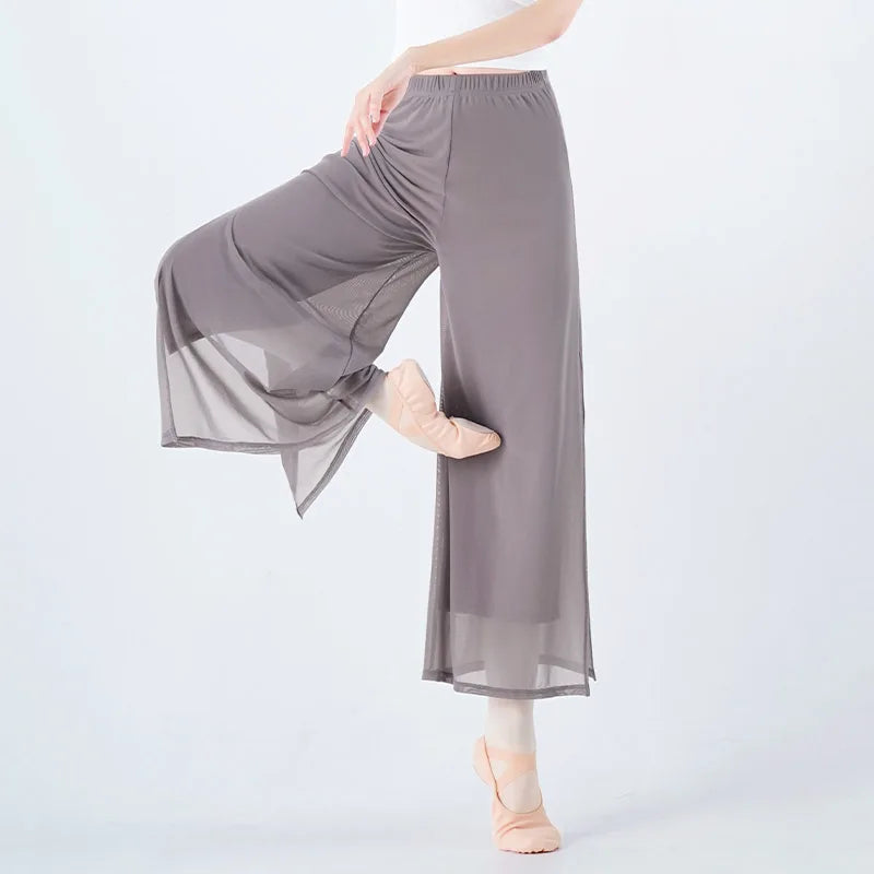 IMIEMIE Women's Classical Dance Pants Chinese Folk Practice Dance Pants Elegant Adult Double-layer Mesh Splice Side Split Trousers