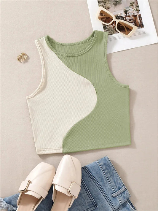 IMIEMIE Women's Cute Preppy Style Patchwork Tank Top Summer Crewneck Sleeveless Bodycon Crop Tops Y2K Clothes Streetwear Baby Tee Vest