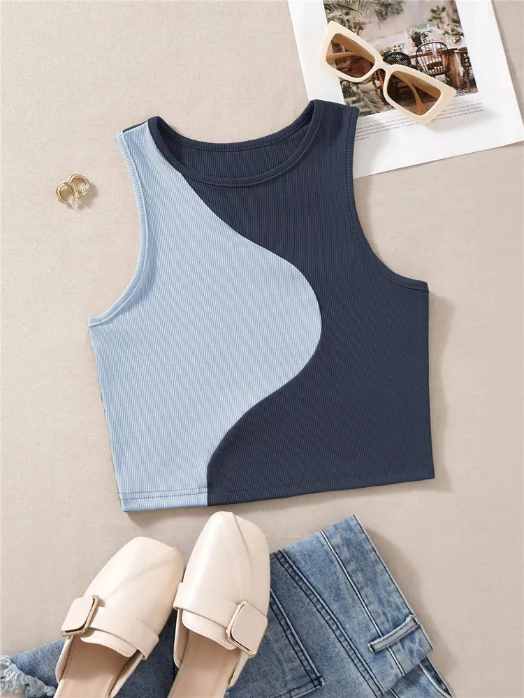 IMIEMIE Women's Cute Preppy Style Patchwork Tank Top Summer Crewneck Sleeveless Bodycon Crop Tops Y2K Clothes Streetwear Baby Tee Vest