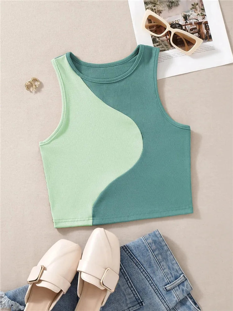 IMIEMIE Women's Cute Preppy Style Patchwork Tank Top Summer Crewneck Sleeveless Bodycon Crop Tops Y2K Clothes Streetwear Baby Tee Vest