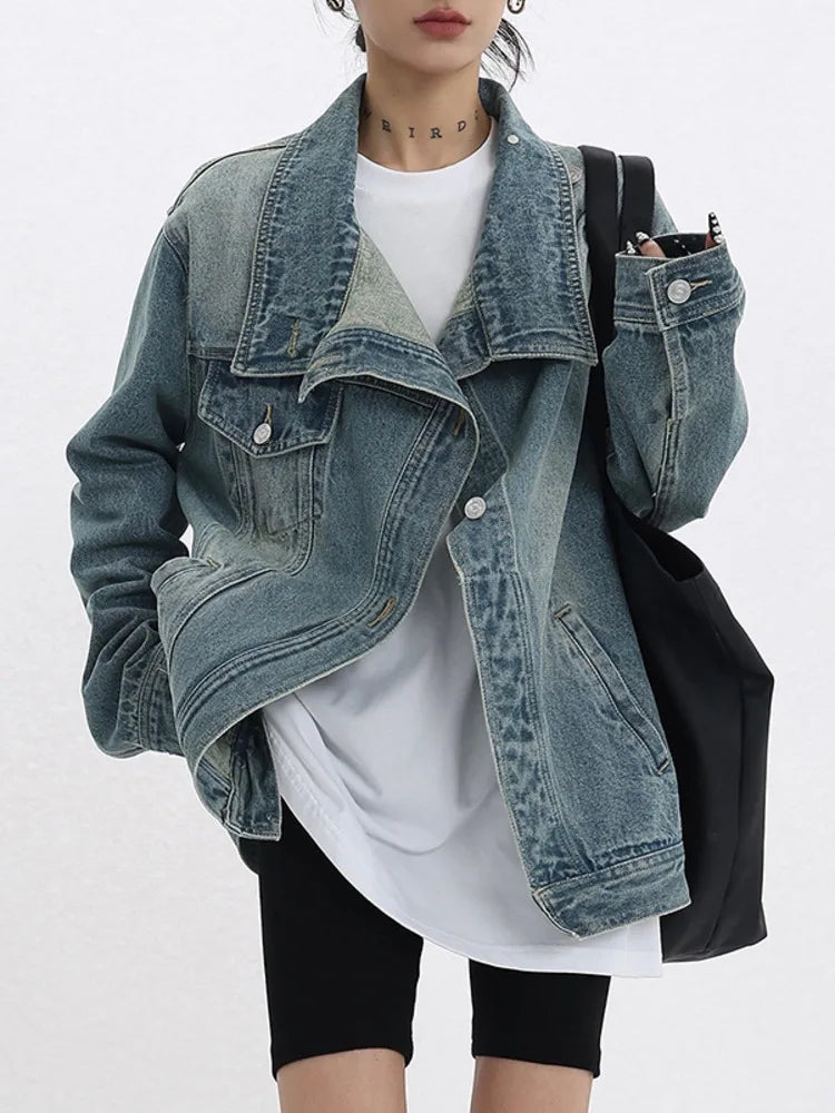 IMIEMIE omen's Denim Coat Turtleneck Single Breasted Full Sleeve Patchwork Versatile Jacke Fashion Autumn Streetwear Denim Overcoat