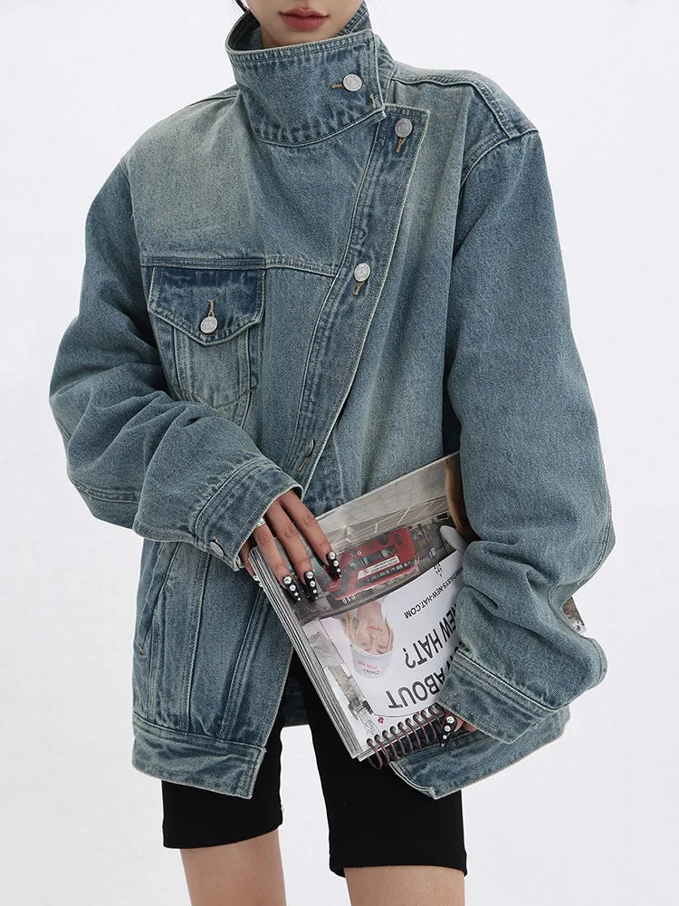 IMIEMIE omen's Denim Coat Turtleneck Single Breasted Full Sleeve Patchwork Versatile Jacke Fashion Autumn Streetwear Denim Overcoat