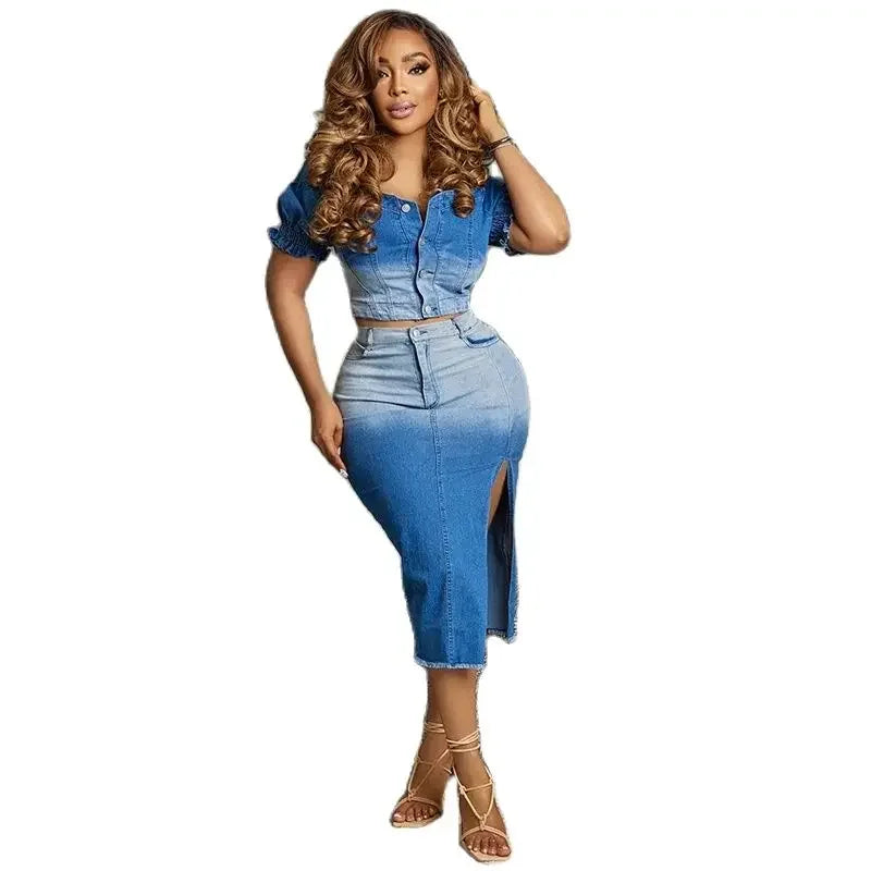 IMIEMIE Women's Denim Skirt Top Gradient Color Denim Button Fluffy Sleeve Exposed Navel Top Slim Fit Midi Skirt Paired With 2-Piece Set