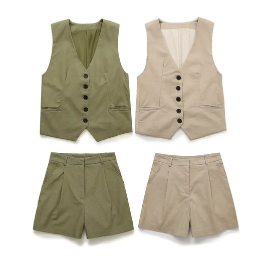 IMIEMIE Women's Elegant Solid Colour Linen Vest Pants Set Single Breasted V-Neck Vest Top + High Waisted Slim Shorts Women's Office Suit