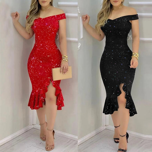 IMIEMIE Women's Fashion Sexy Summer Off Shoulder  Short Sleeve Sequin Ruffle Irregular Dresses