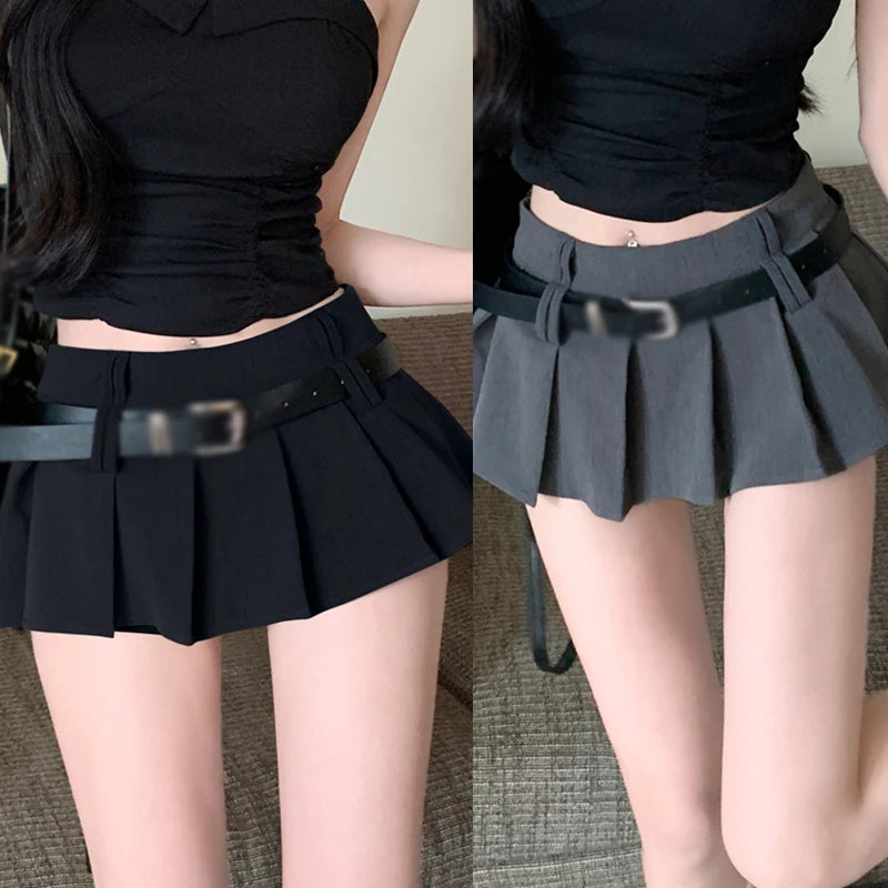 IMIEMIE Women's High Waist Short Skirt Sexy and Fashionable Spicy Girl A-line Pleated Skirt with Belt Half length Skirt