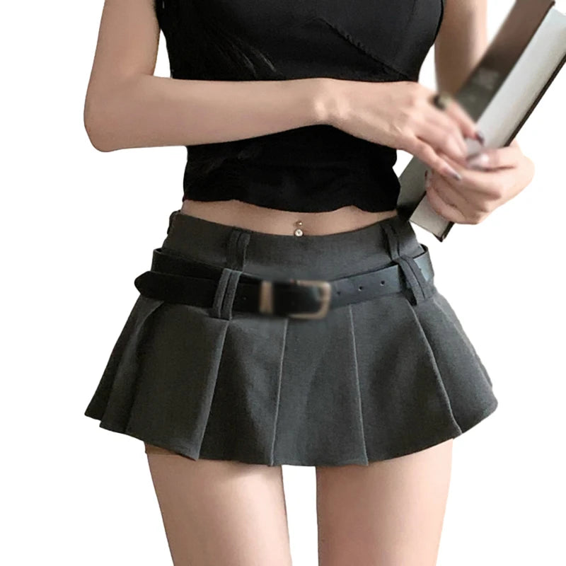 IMIEMIE Women's High Waist Short Skirt Sexy and Fashionable Spicy Girl A-line Pleated Skirt with Belt Half length Skirt