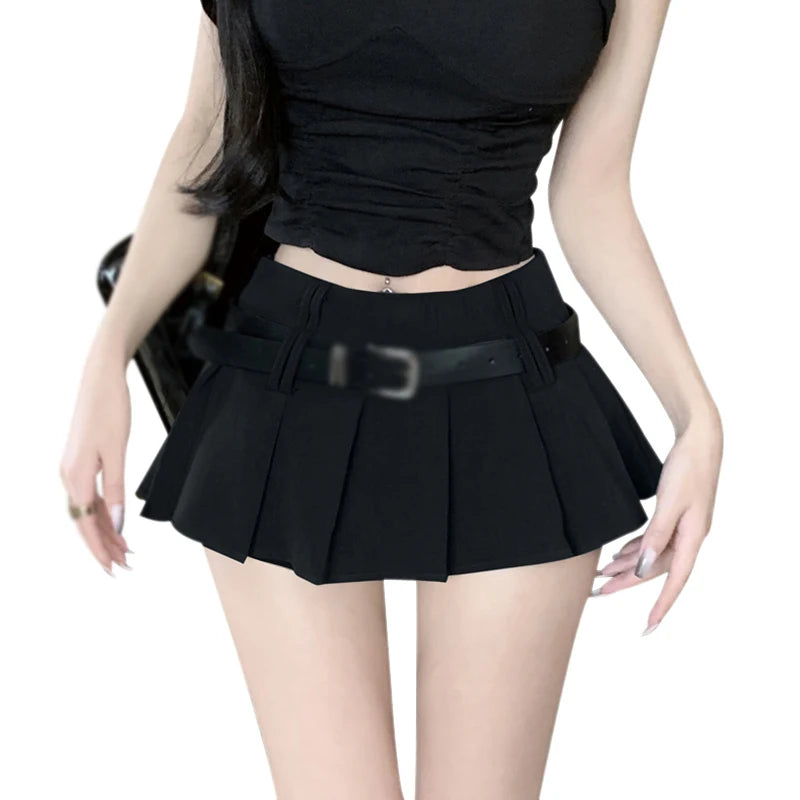 IMIEMIE Women's High Waist Short Skirt Sexy and Fashionable Spicy Girl A-line Pleated Skirt with Belt Half length Skirt