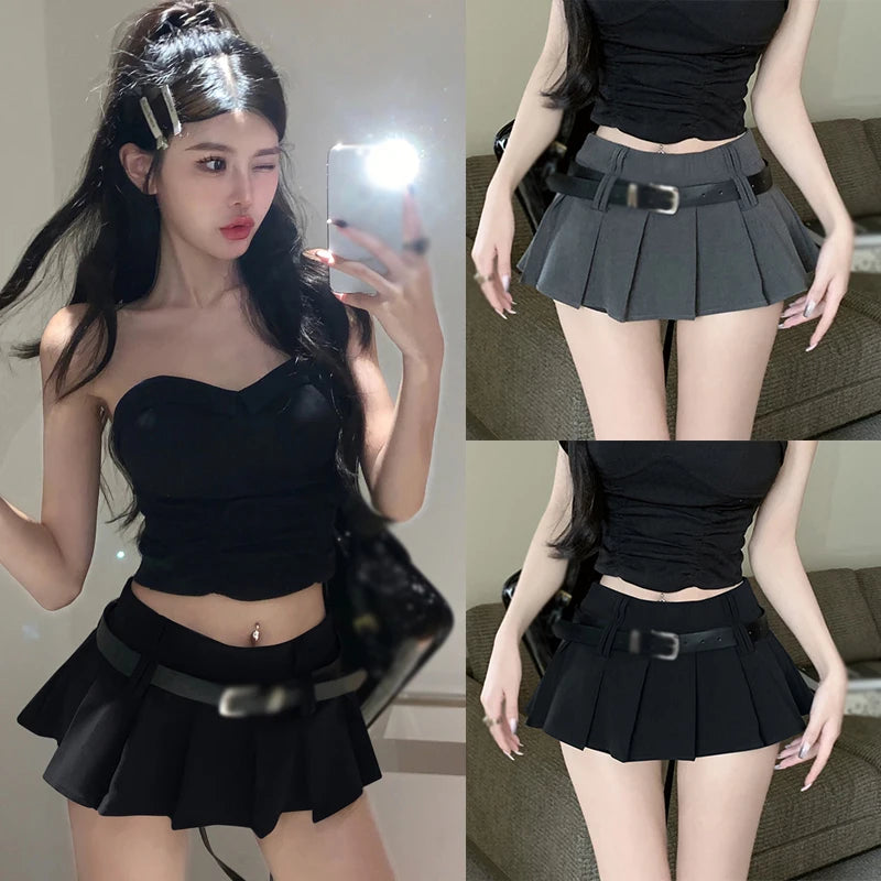 IMIEMIE Women's High Waist Short Skirt Sexy and Fashionable Spicy Girl A-line Pleated Skirt with Belt Half length Skirt