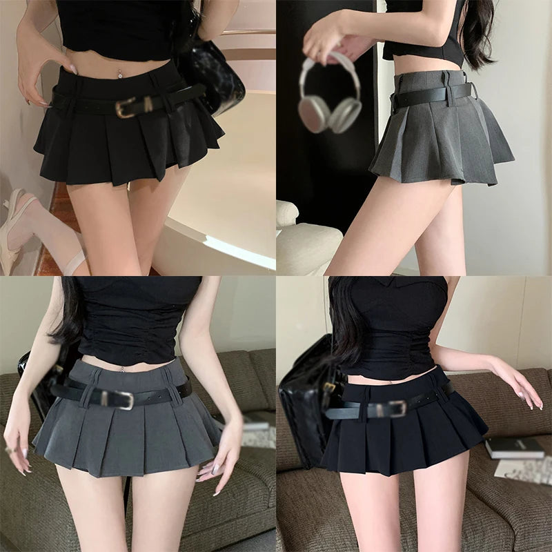 IMIEMIE Women's High Waist Short Skirt Sexy and Fashionable Spicy Girl A-line Pleated Skirt with Belt Half length Skirt