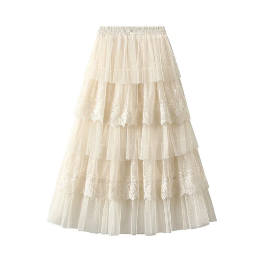 IMIEMIE Women's High Waisted Slimming Sand Cake Skirt, Half Skirt, High-End Feeling Gauze, Long Skirt, Summer, New, 2024