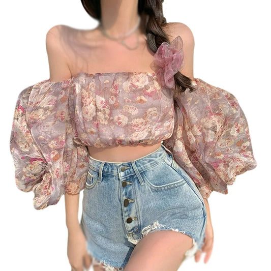 IMIEMIE Women's Off Shoulder Floral Printed Blouses Puff Sleeve Casual Boho Crop Tops