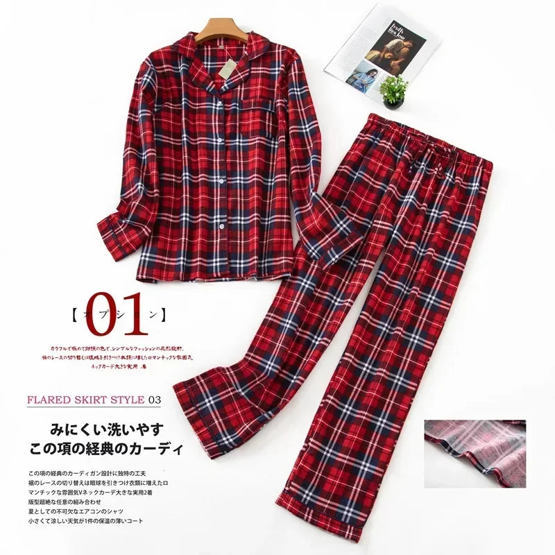 IMIEMIE Women's Pajamas Plus Size S-XXXL Clothes Ladies Flannel Cotton Home Wear Suit Autumn Winter Pajamas Plaid Print Sleep Tops