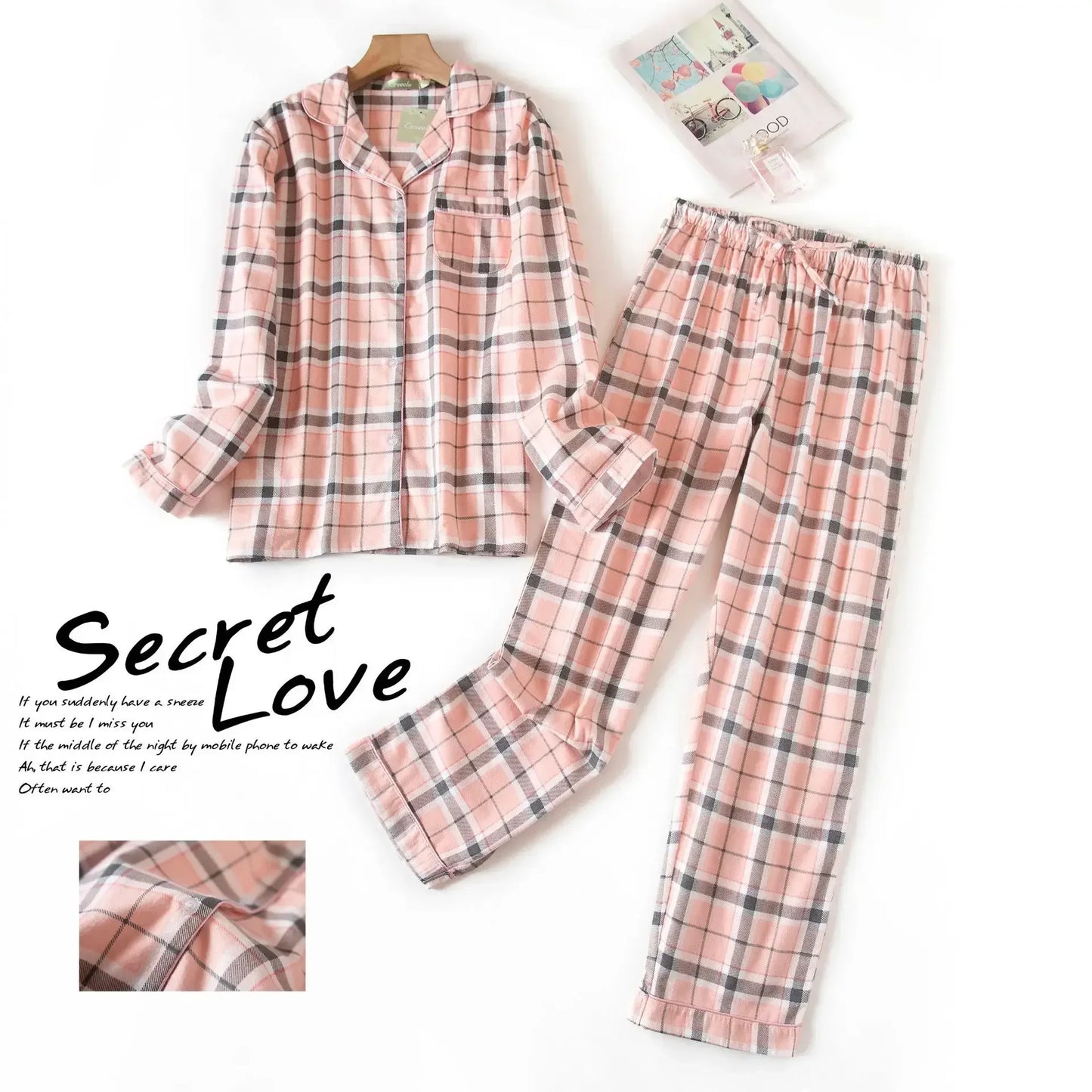 IMIEMIE Women's Pajamas Plus Size S-XXXL Clothes Ladies Flannel Cotton Home Wear Suit Autumn Winter Pajamas Plaid Print Sleep Tops