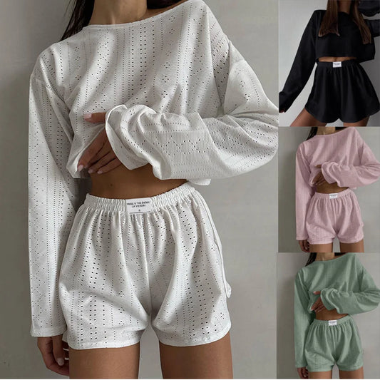 IMIEMIE Women's Pajamas Set Spring Long Sleeve Tops With Shorts Sleepwear 2 Piece Set Loose Round Neck Home Wear Loungewear Pyjama Femme