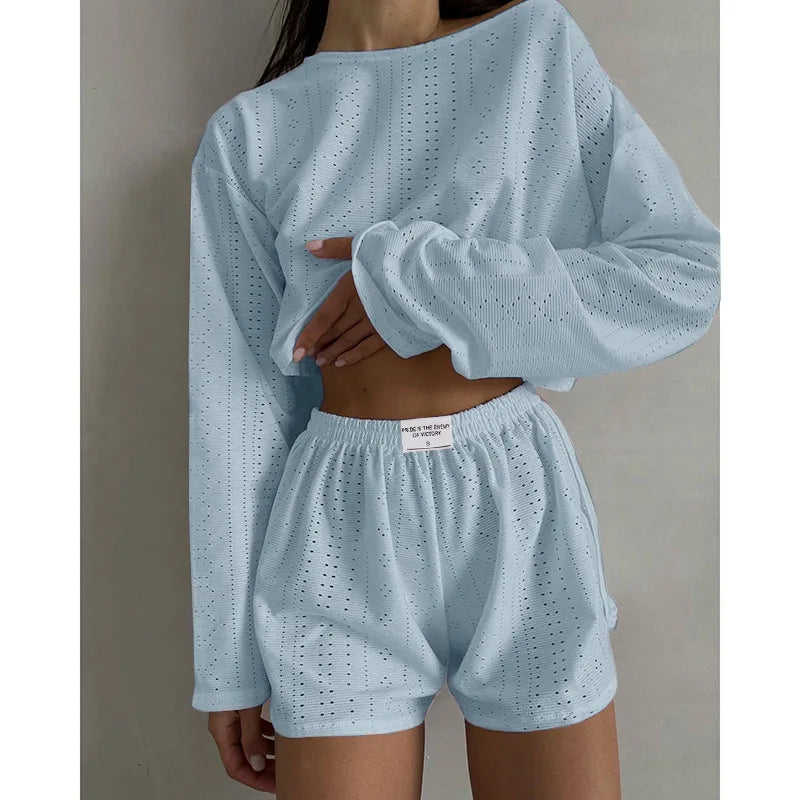 IMIEMIE Women's Pajamas Set Spring Long Sleeve Tops With Shorts Sleepwear 2 Piece Set Loose Round Neck Home Wear Loungewear Pyjama Femme