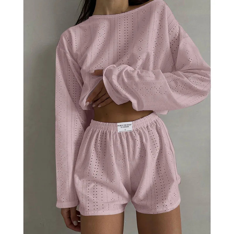 IMIEMIE Women's Pajamas Set Spring Long Sleeve Tops With Shorts Sleepwear 2 Piece Set Loose Round Neck Home Wear Loungewear Pyjama Femme