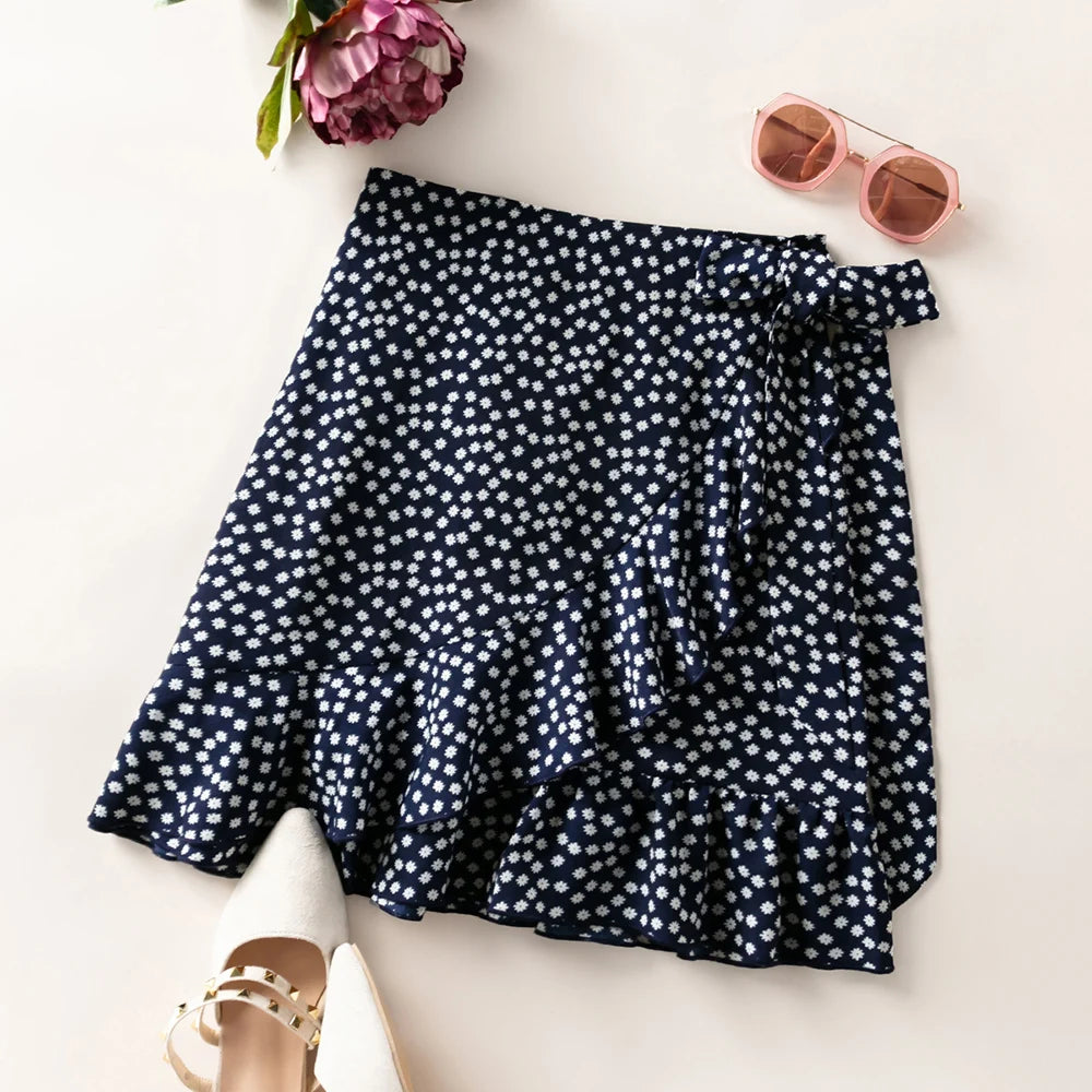 IMIEMIE Women's Polka Dots Floral Bow Short Loose Lrregular Ruffled Half Skirt