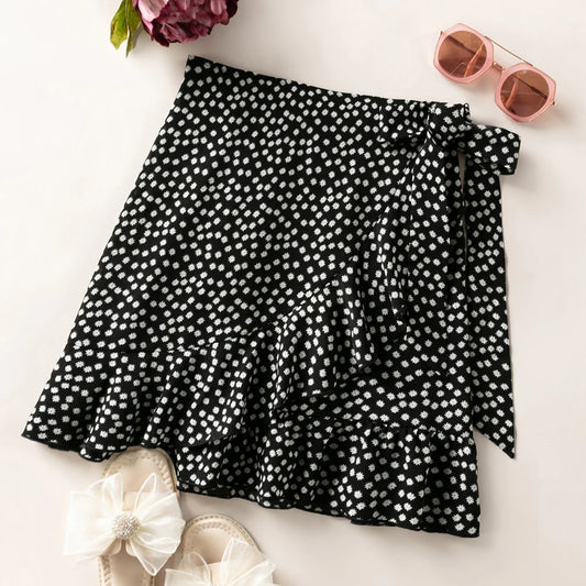 IMIEMIE Women's Polka Dots Floral Bow Short Loose Lrregular Ruffled Half Skirt