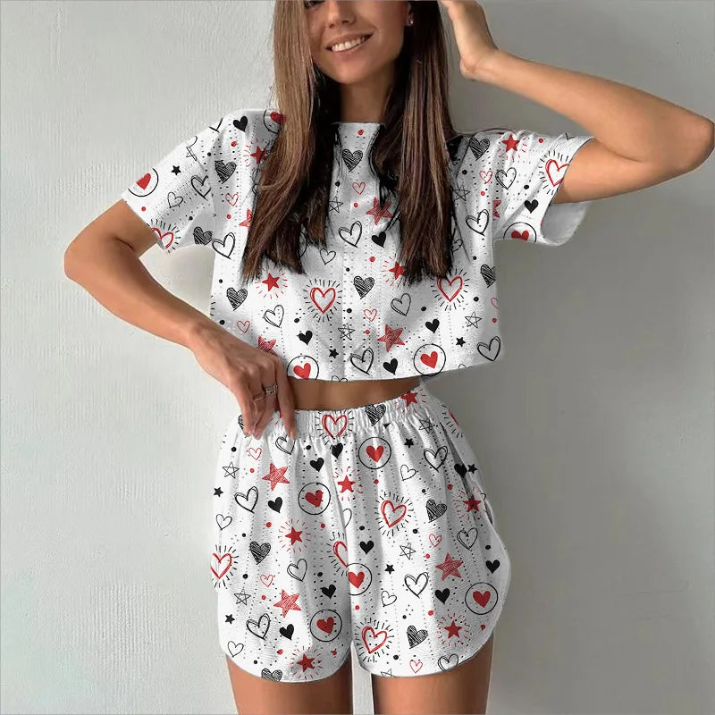 IMIEMIE Women's Print Pajamas Set Summer Casual Women's Short Sleeve Tops Shorts Sleepwear 2 Piece Set Loose Round Neck Home Loungewear