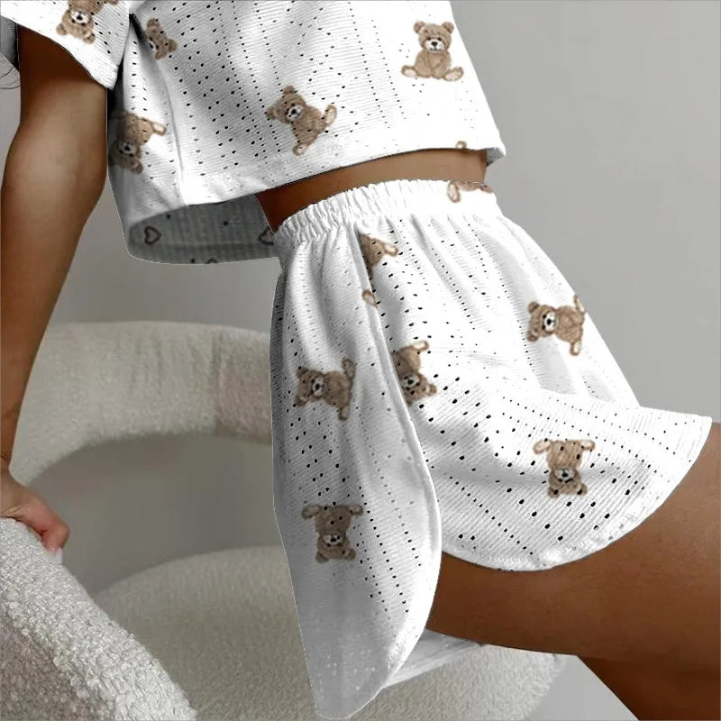 IMIEMIE Women's Print Pajamas Set Summer Casual Women's Short Sleeve Tops Shorts Sleepwear 2 Piece Set Loose Round Neck Home Loungewear